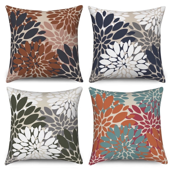 Dahlia Flower Outdoor Pillow Covers Set of 4,Colorful Linen Throw Pillow for Home Decor,18x18 Inch