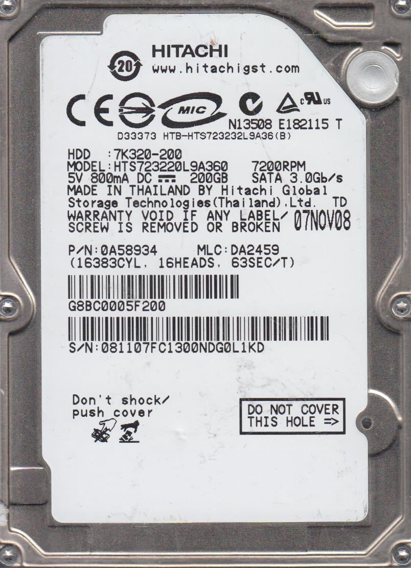 HDS721050CLA362, PN 0F10759, MLC JPT3EA, Hitachi 500GB SATA 3.5