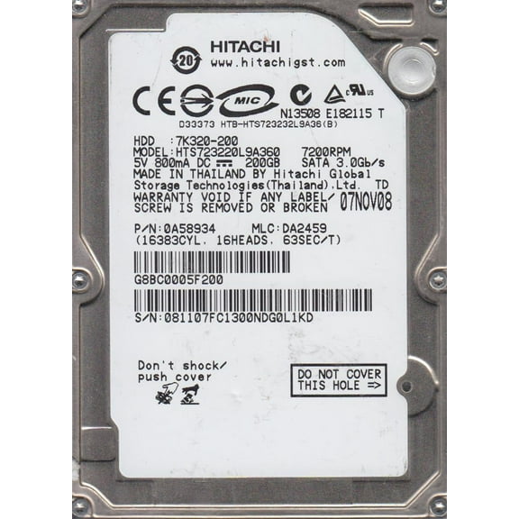 HTS723220L9A360, PN 0A58934, MLC DA2459, Hitachi 200GB SATA 2.5 Hard Drive