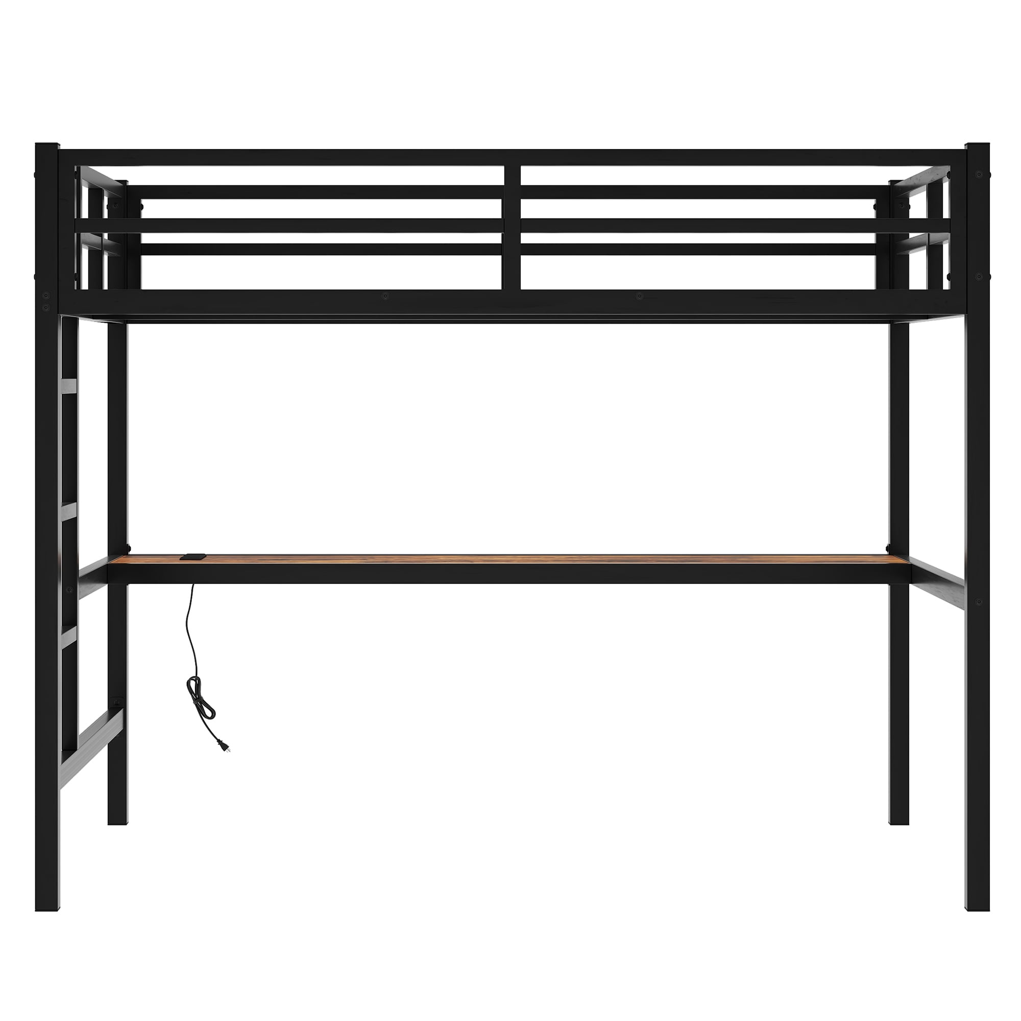 Aukfa Full Size Metal Loft Bed with Desk, Charging Station and LED Lights, Space-Saving, Heavy Duty, Black