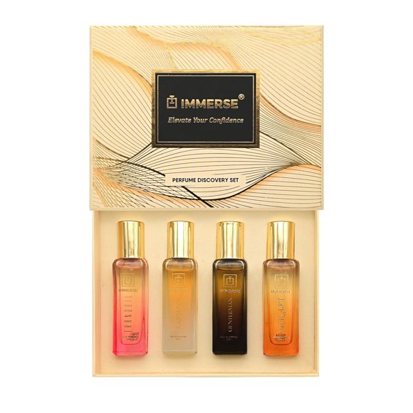 Immerse Premium Perfume Discovery Set For Men & Women Pack Of 4 X 20ml - 0.67 Fl.oz. Each | Tranquil + Amber Fox + Gentleman + Meraki Eau De Perfume Gift Set - Luxury Gift Set For Unisex
