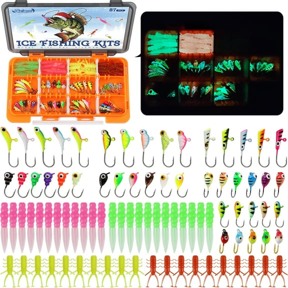 Ice Fishing Lure Kit 87PCS with Glow Jig Heads Soft Baits and Tackle Box for Crappie