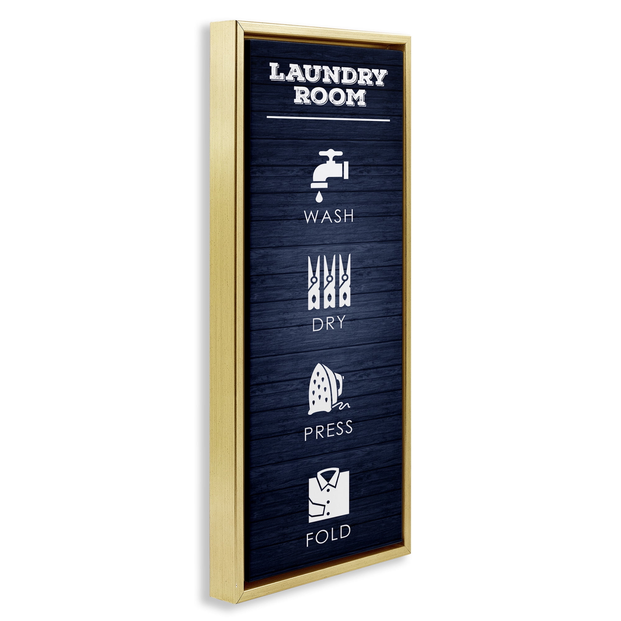 Stupell Industries Laundry Room Icons Rustic Blue Typography Painting Gold Floater Framed Canvas Art Print Wall Art, 11 x 25