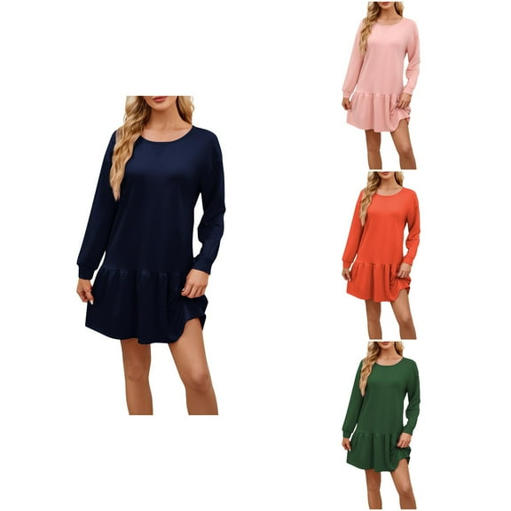 Antinious Women Long Sleeve Fashion Casual Solid Crew Neck Ruched Sweatshirt Knee Length Beach Dress,Birthday Dresses for Women,Women Party Dress,Navy,S
