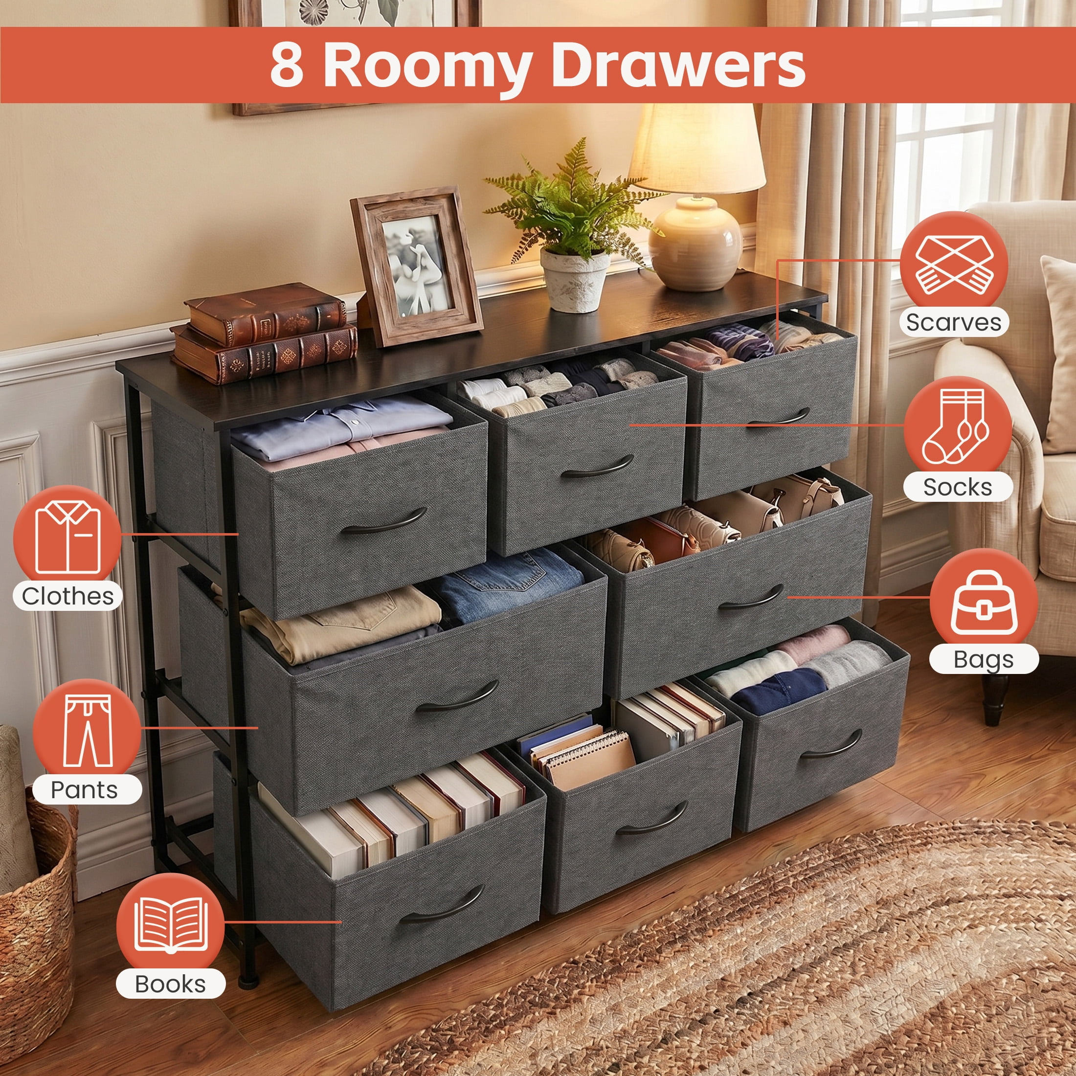 edx 8 Drawers Fabric Dresser, Chest of Drawers with Sturdy Steel Frame, Storage Organizer Cabinet for Bedroom, Living Room, Hallway, Gray