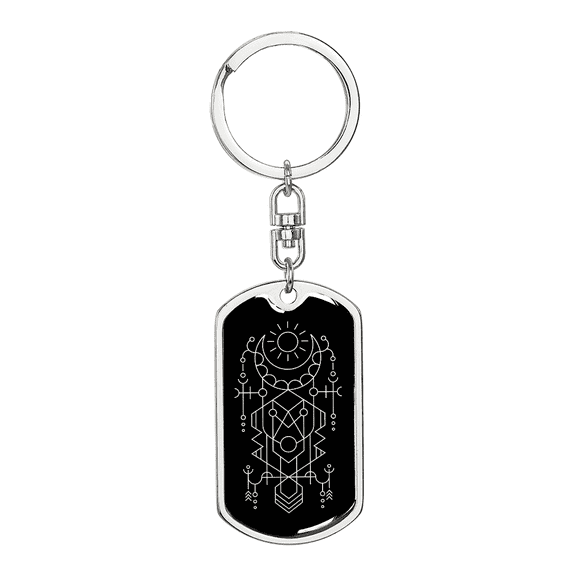 Sacred Geometry Ancient Design With Sun Stainless Steel or 18k Gold Premium Swivel Dog Tag Keychain