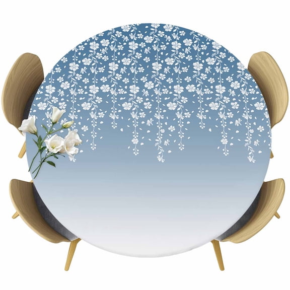 Flower White Round Fitted Table Cover Cherry Blossoms Blue Background Waterproof Table Cloth with Elastic Edge Wipeable Tablecloth for Picnic Camping Party Fits 55"-60" Diameter