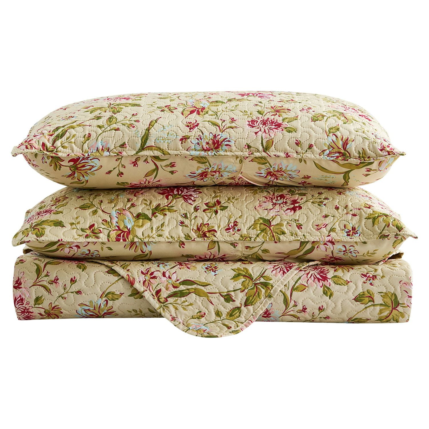 JML Quilt Set 3-Piece Queen Size, Soft Reversible 1 Quilt & 2 Shams Bedspread Coverlet Set,Beige Floral