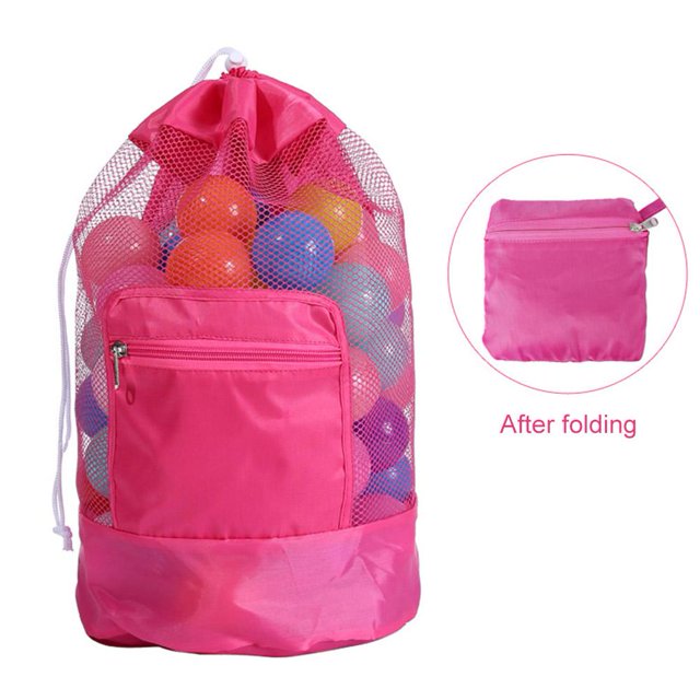 Bolso de hombro de playa para niños, mochila plegable de malla para juguetes de playa, sin bolas (rosa roja)