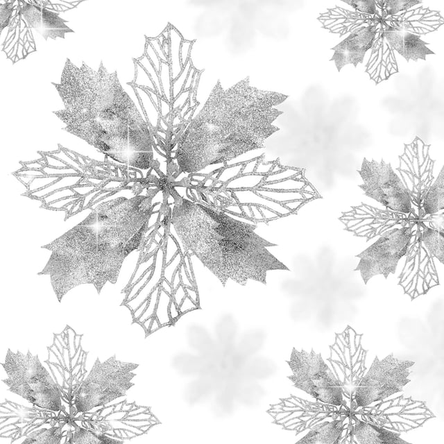 12 piezas de flores navideñas brillantes, adornos para árbol de Navidad, flores artificiales para bodas, coronas navideñas, decoración del hogar (plata)
