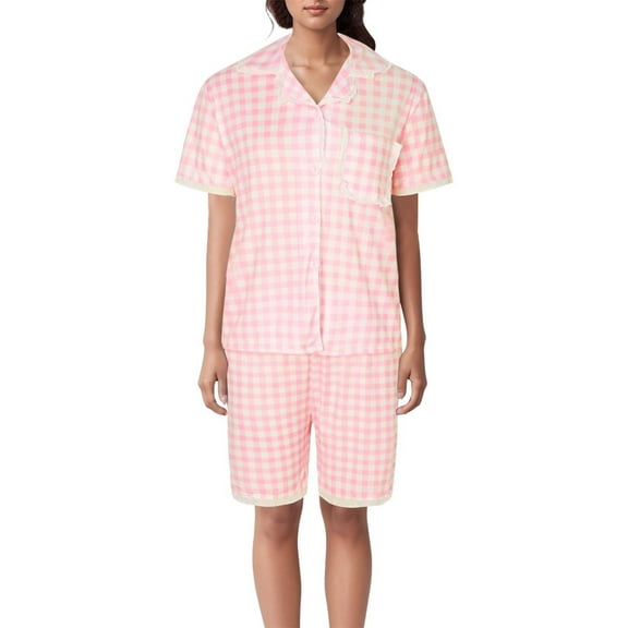 vigerkar Womens Cotton Pajama Sets Plaid Short Sleeve Button Down Sleepwear Ankle Pants 3 Piece Gingham Pj Set Light Pink, XXL