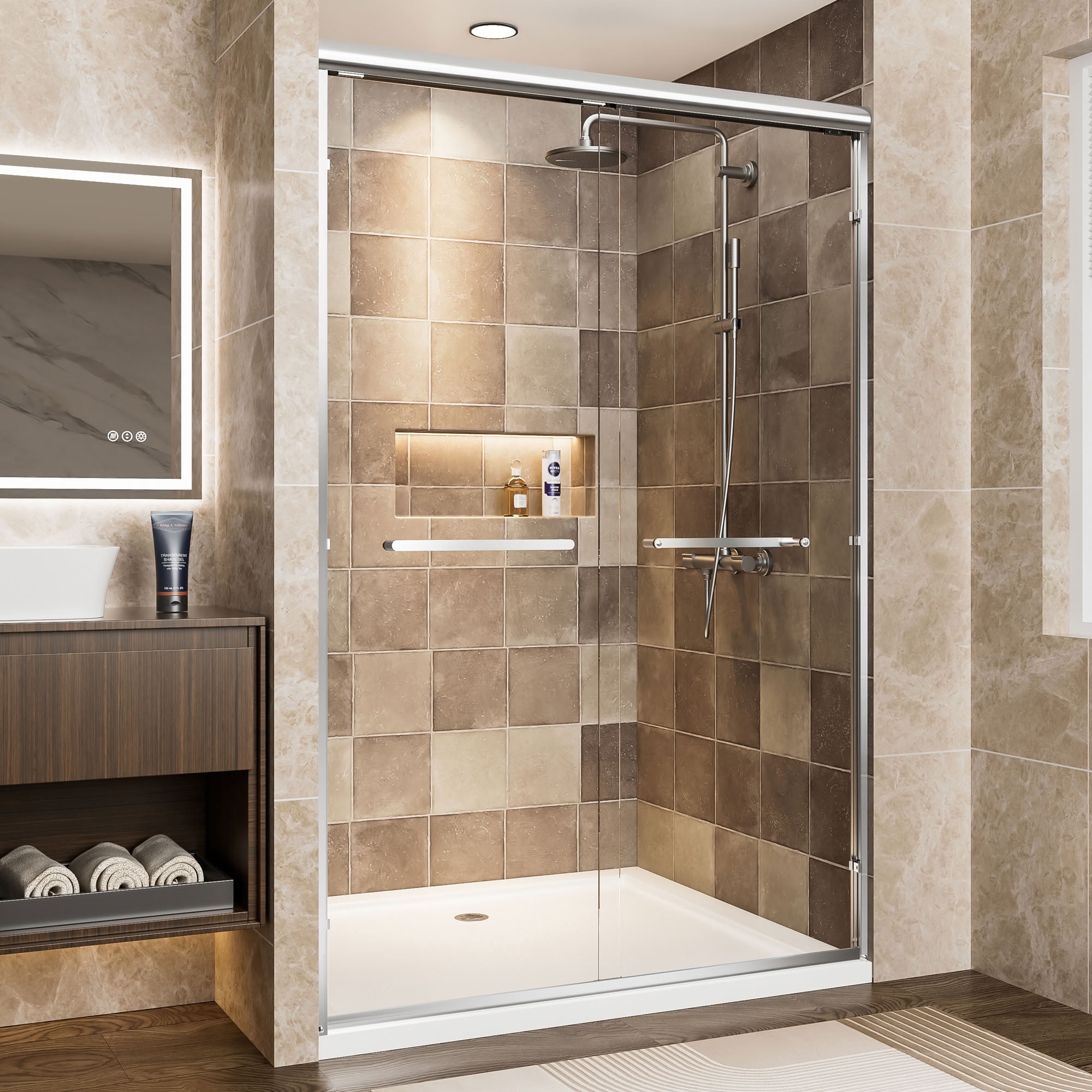 MAYEERTY Double Sliding Shower Door, 1/4" Tempered Safety Glass with Explosion-Proof Film, Waterproof & Reversible Installation