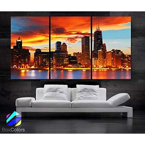 BoxColors - Large 30"x 60" 3 Panels 30"x20" Ea Art Canvas Print Beautiful Chicago Skyline Sunset Light Wall Home (Included Framed 1.5" Depth)
