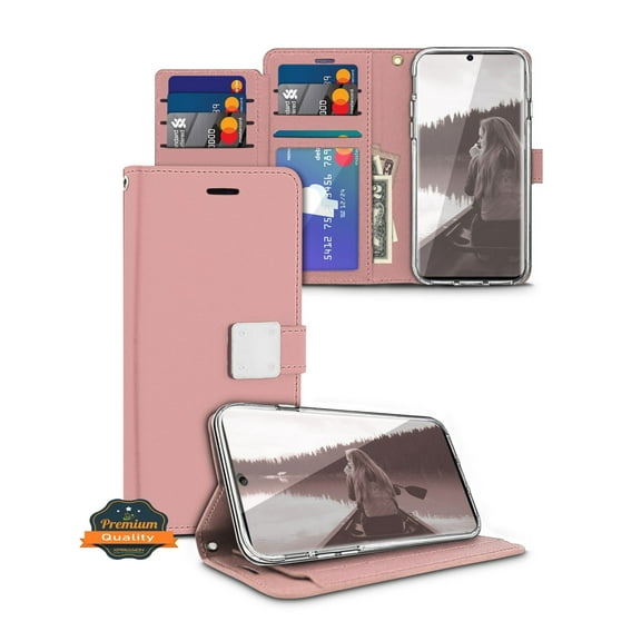 For Apple iPhone 16 Pro (6.3") PU leather Wallet 6 Card Slots folio with Wrist Strap & Kickstand Pouch Flip Shockproof Phone Case Cover by Xpression - Rose Gold