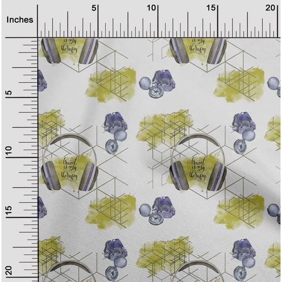 oneOone Cotton Poplin Lime Green Fabric Direction Compass Bag & Headphone Travel Sewing Material Print Fabric By The Yard 56 Inch Wide