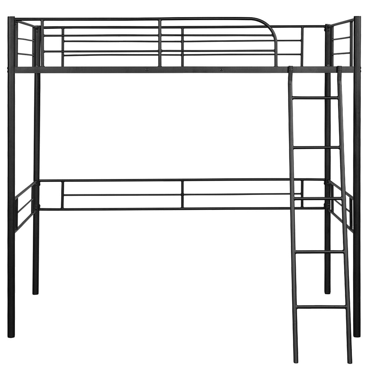Gymax Loft Metal Single Bed Kids and Teens with Safety Guardrails Ladder, Twin, Black