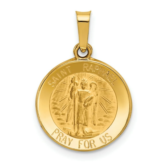 Finest Gold 14K Yellow Gold Polished & Satin St Raphael Medal Hollow Pendant