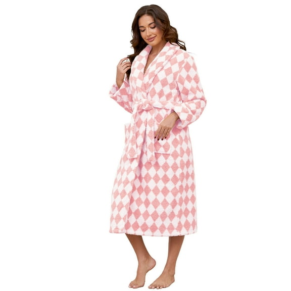 Robes for Women – AMITOFO Thick Fluffy Fleece Womens Robe, Long Plaid Bathrobe with Pockets and Belt, Soft Warm Sleepwear for Spa, Home & Winter L-XL