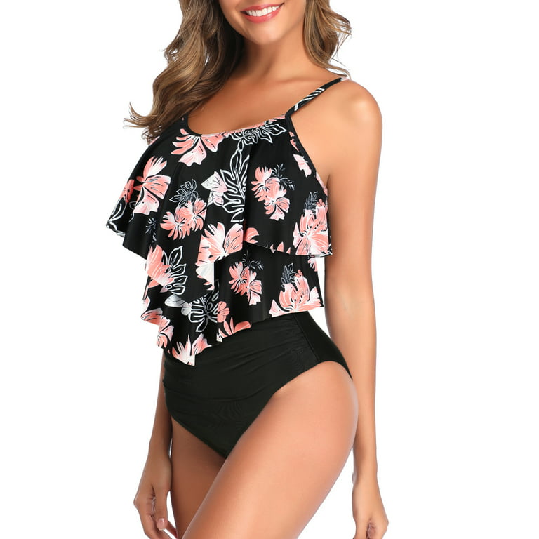 2 Piece Tummy Control Swimsuits for Women Double Ruffled High Waisted  Tankini Bathing Suits Pink Black M