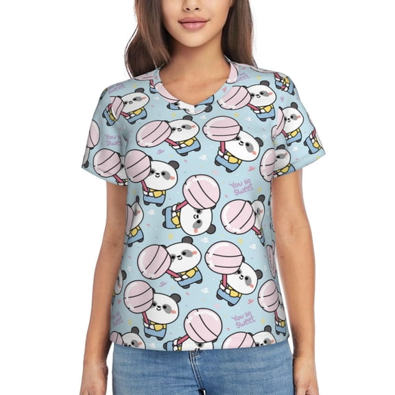 Xecao Cute Panda Bear for Women's V-Neck T-Shirts-Elegant Half-Sleeve Tops Perfect for Summer-Small