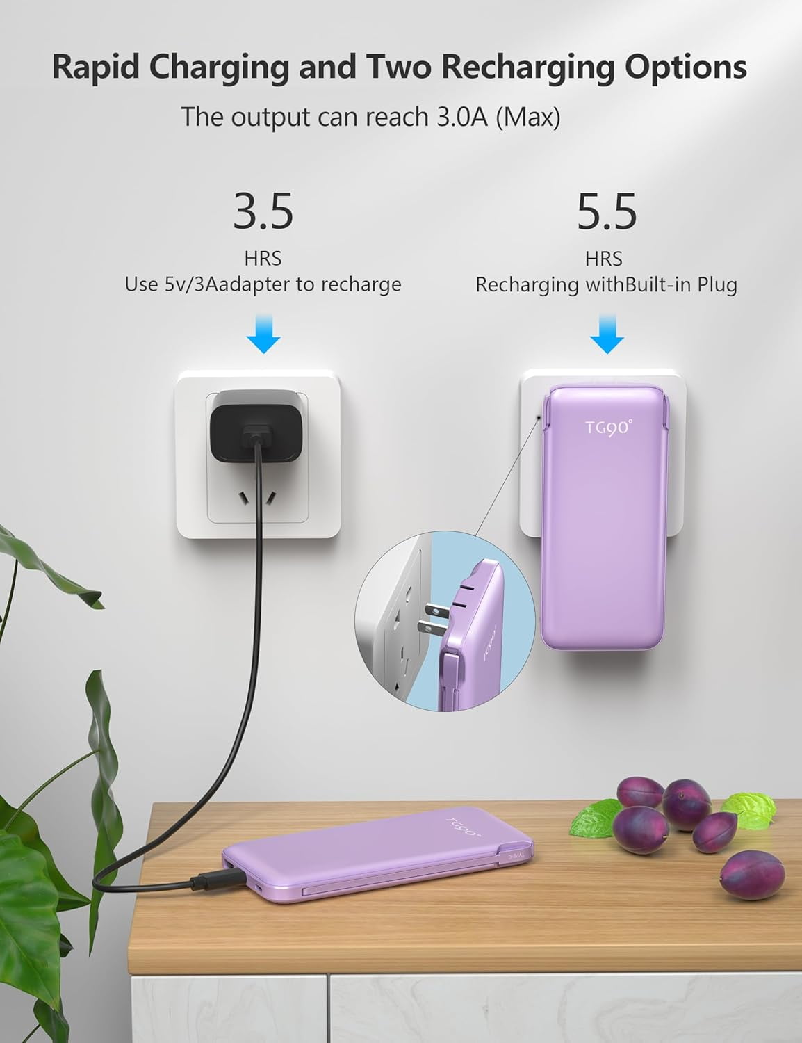 Portable Charger Power Bank with Built in Cable and AC Wall Plug, 10000mAh Fast USB C Phone Charger, Slim Thin Mini Charging Battery Pack Compatible with Smartphones and All USB-C Devices.
