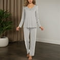 thumbnail image 2 of XIAONU Women Two Piece Pajama Set V Neck Ruched Long Sleeve Top And Loose Pants Soft Lightweight Sleepwear, 2 of 4