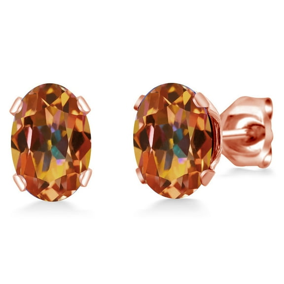 Gem Stone King 2.00 Ct 7x5mm Ecstasy Mystic Topaz Brass Rose Gold Plated Brass Stud Earrings for Women Men