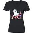 thumbnail image 3 of Inktastic Cute Ghost Octopus Trick or Treating with Bat Women's V-Neck T-Shirt, 3 of 5