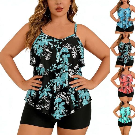 Viluyesy Womens Tankini Swimsuit 2-Piece (XL-4XL), Floral Prints Ruffle Tops and Swim Boyshorts Summer Beach Sport Bathing Suit Black