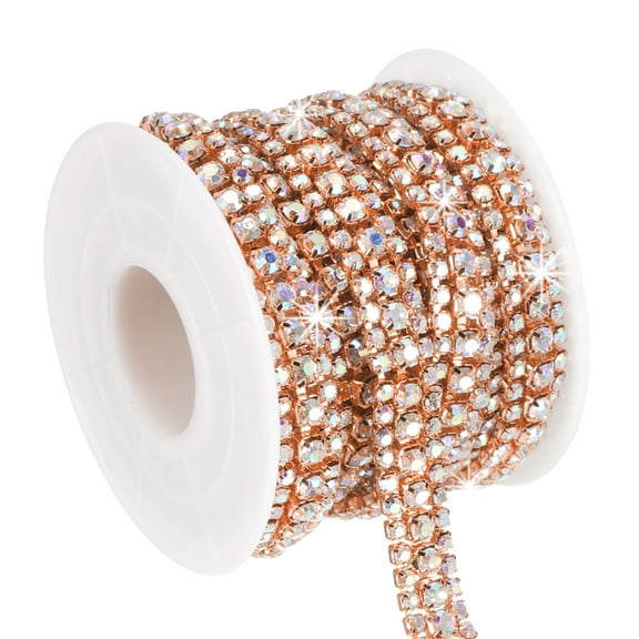 Uxcell 3 Yards Rhinestone Chain Roll, 3 Rows Crystal Close Chain Bling Trim, Rose Gold/AB Colorful