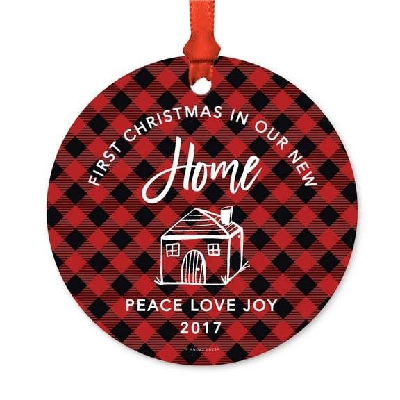 Metal Christmas Ornament, First Christmas in Our New Home 2017, Red Plaid, Includes Ribbon and Gift Bag