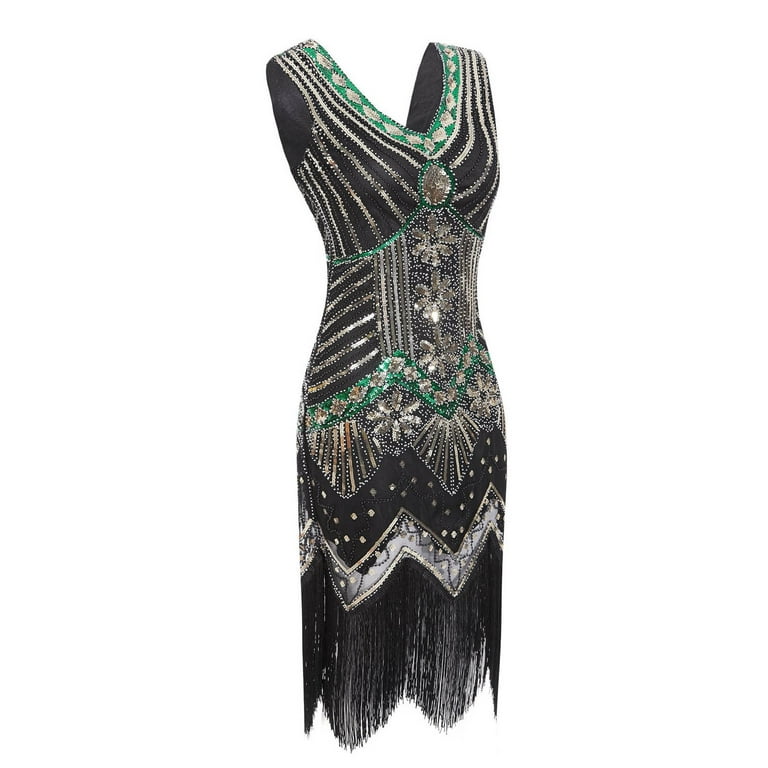 green emerald velvet dress Zapaka Women Black 1920s Flapper Dress V Neck Long Sleeves Vintage Dress with Fringes, Dark Green / M main image 1