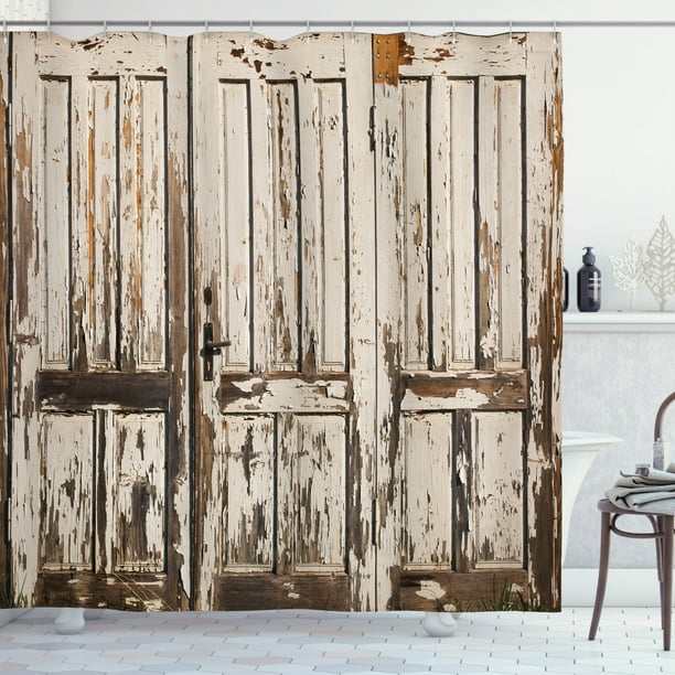 Rustic Shower Curtain, Vintage House Entrance with Vertical Old Planks