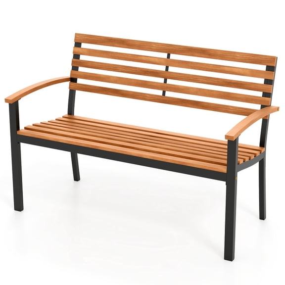 Biotree Outdoor Loveseat Acacia Wood Patio Bench 2-Person Garden Sofa with Backrest and Armrests for Backyard Deck and Porch, Black and Natural