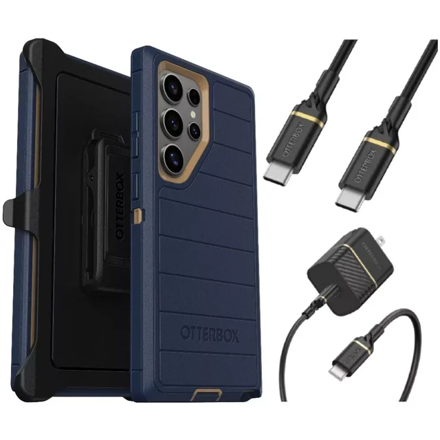 OtterBox Galaxy S24 Ultra (Only) - Defender Series Pro Case - Blue Suede Shoes - Screenless - Rugged & Durable - with Port Protection - Holster Clip Includes - USB-C to USB-C Wall Charging Kit, 20W.