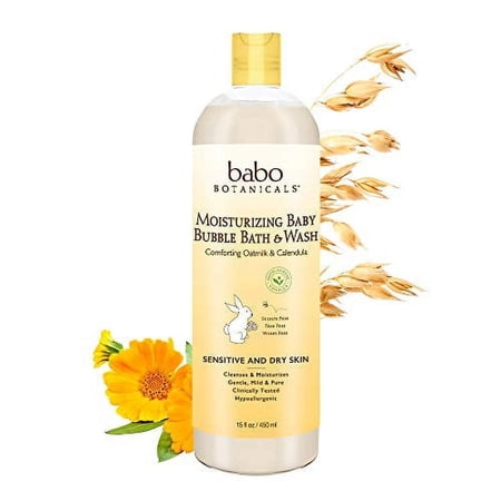 Babo Botanicals Moisturizing Plant-Based 2-in-1 Bubble Bath & Wash - with Organic Calendula & Natural Oat Milk - For Babies, Kids & Adults with Sensitive Skin - Hypoallergenic & Vegan - 15 oz