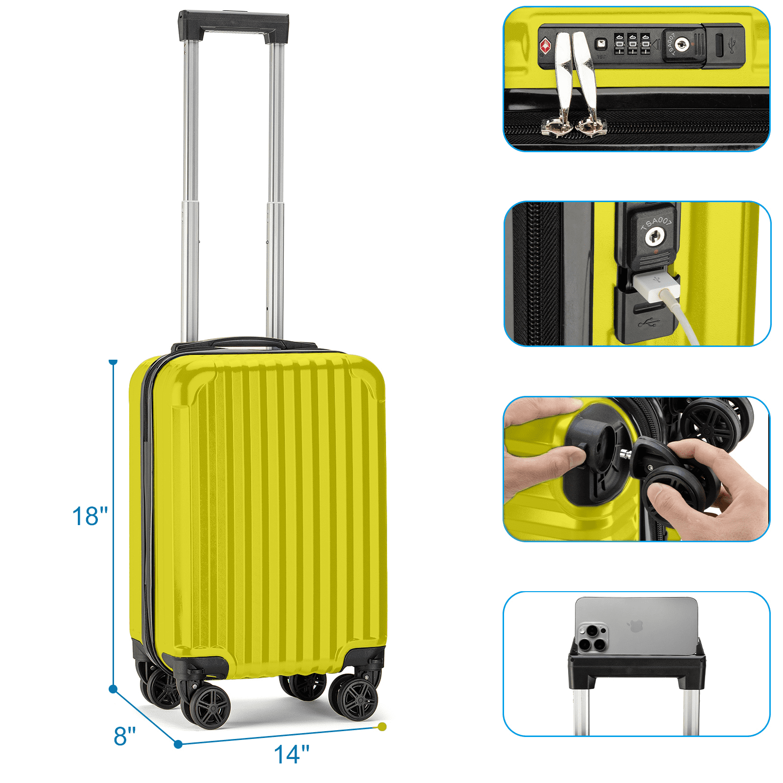 Personal Item Suitcase 18x14x8 Inches Hardside Built In TSA Lock & USB Port Lightweight Luggage With Removable Silent Wheels Underseat Carry-On Bag For Spirit and Frontier and More (Yellow)