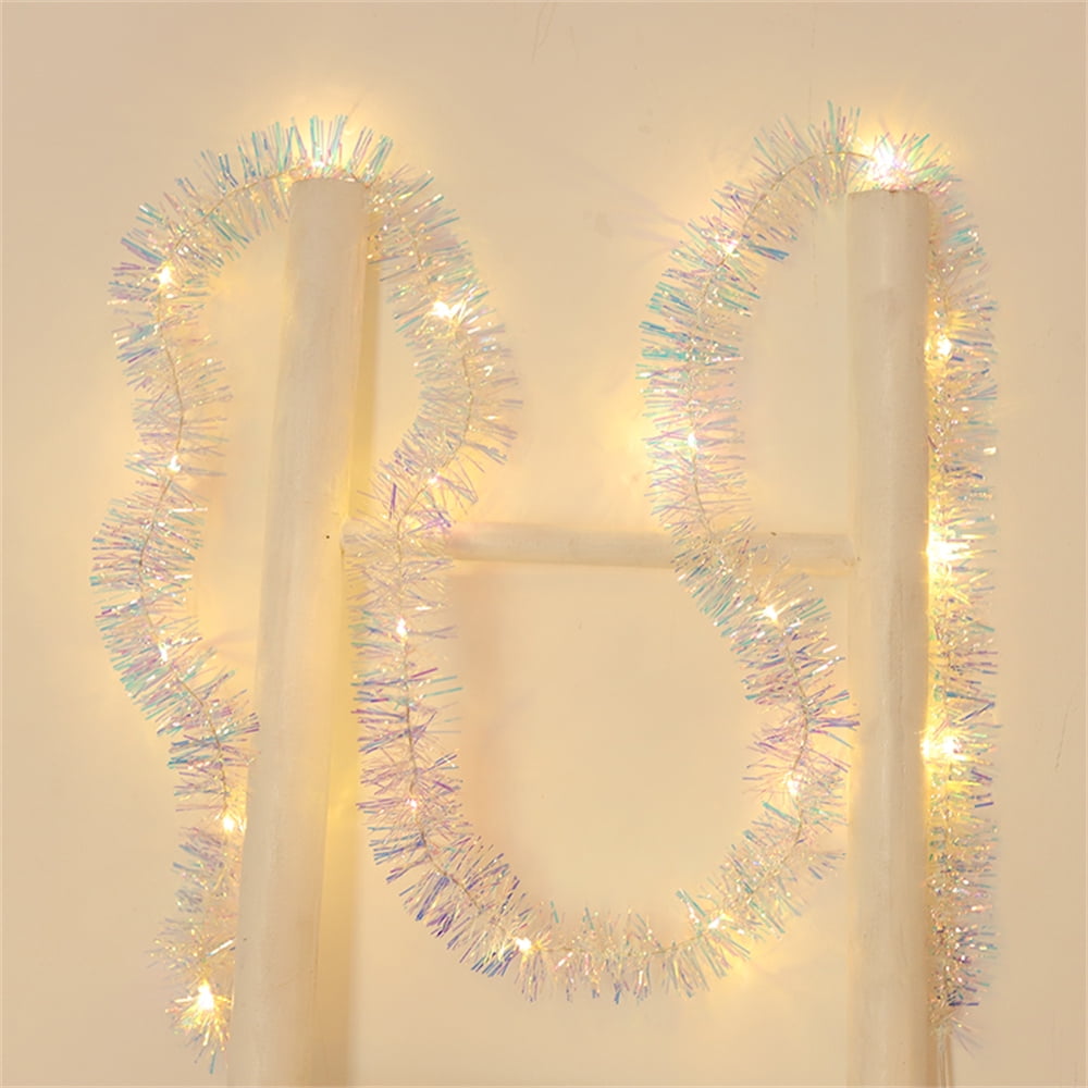 13.1 Ft Christmas Prelit Tinsel Garland, Silver Metallic Garland with