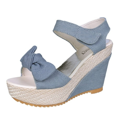 

LIANGP Women s Heel Shoes Rome Women s Hemp Rope Denim Sandals Bow Wedge Thick Bottom Peep Toe Sandals Ladies Shoes Blue Size 6.5