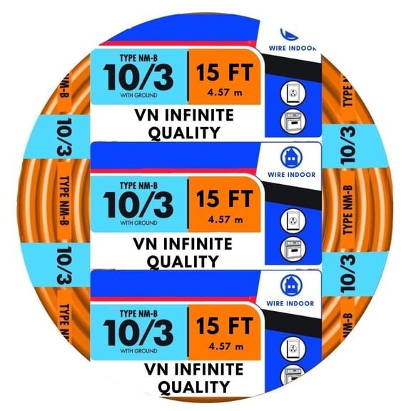 10/3 NM-B Sheathed Cable - Non-Mettalic with Ground Residential Indoor Electrical Wire Type NM-B Orange (15 Ft)