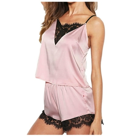 

Women s Sexy Silk Satin Pajamas Sets Mesh Lace Deep V Neck Tops Shorts Sleepwear
