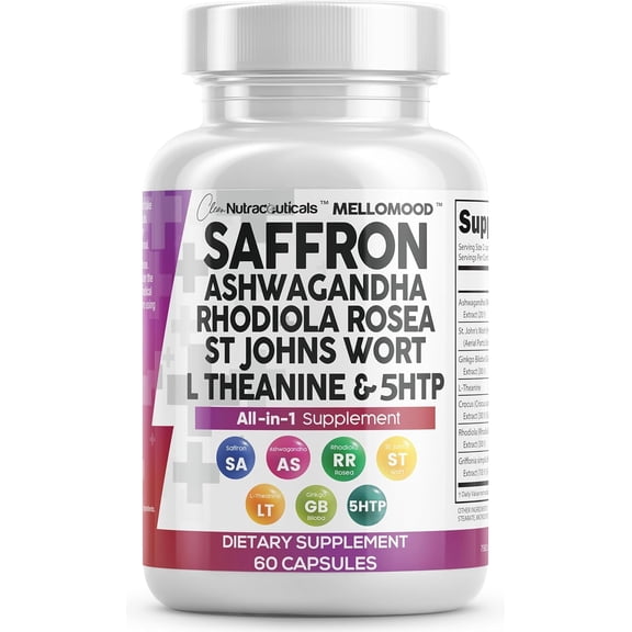 Clean Nutraceuticals Saffron Supplements Extract 100mg   Ashwagandha L-Theanine 200mg - Mood Support Ginkgo Biloba, St. John's Wort, Rhodiola Rosea & 5-HTP Capsules Pills Men Women