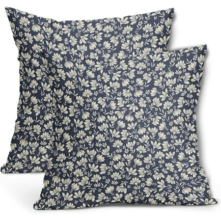 

Navy Blue Beige Daisy Floral Pillow Covers 16x16 Inch Vintage Flowers Decorative Pillow Cases Set of 2 Block Print Cotton Linen Throw Pillows Farmhouse Decor For Sofa Couch Porch Bed Cushion Outdoor