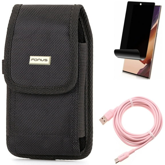 10ft Long USB-C Cable & Privacy Screen Protector & Case Belt Clip for Samsung Galaxy Note 20 Ultra (6.9") - Combo with Pink Charger Cord & TPU Film Anti-Peep & Rugged Holster
