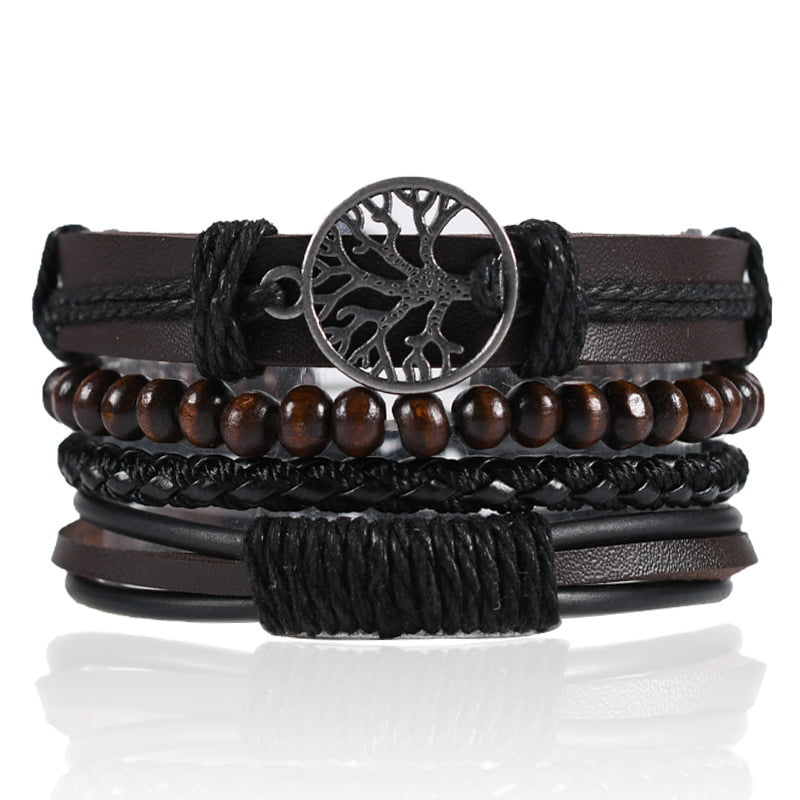 Leather Wristbands Mix 4 Wrap Bracelets Men Women Hemp Cords Wood Beads Ethnic Tribal Bracelets 