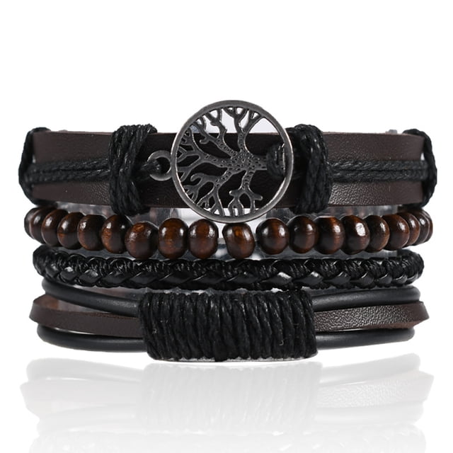 Mezclar 4 pulseras envolventes para hombres y mujeres, cordones de cáñamo, cuentas de madera, pulseras tribales étnicas, pulseras de cuero - Style4 oso de fresa joyas