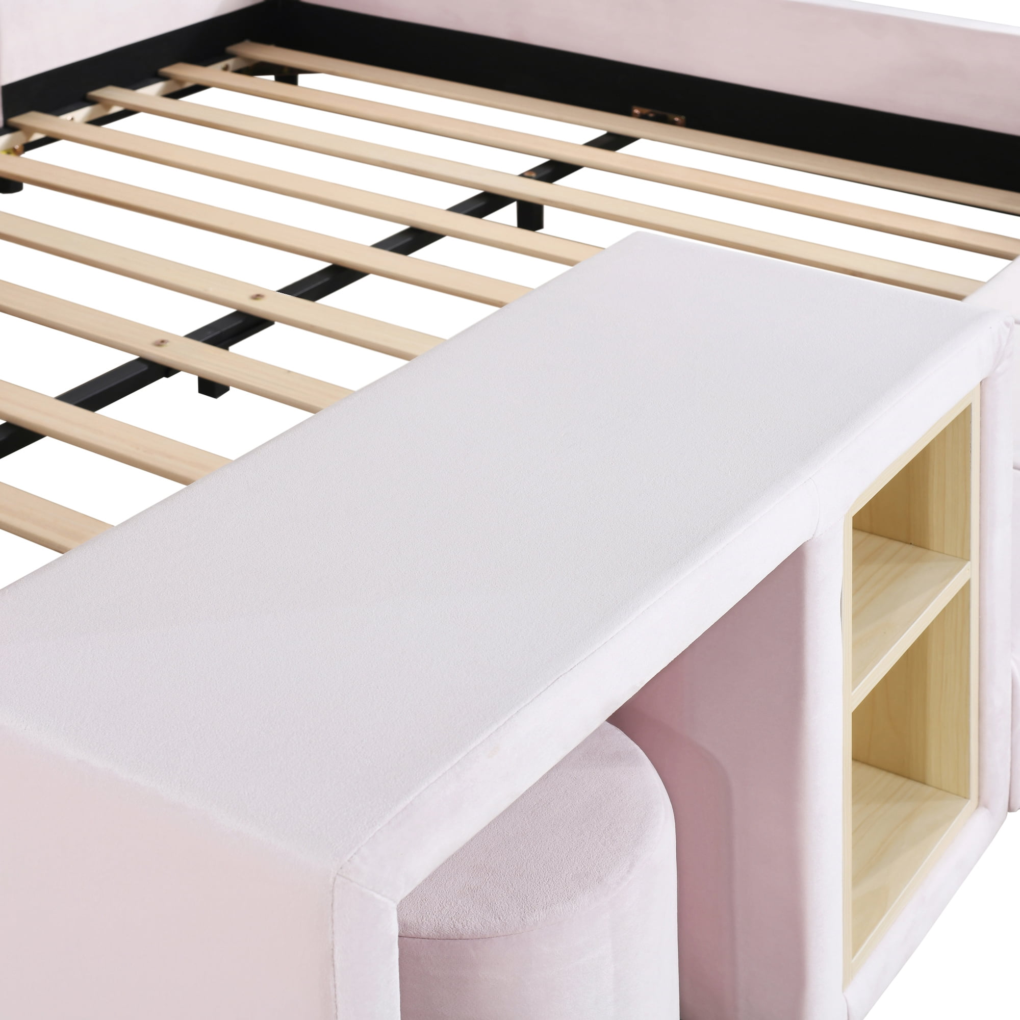 Aukfa Full Size Mother & Child Bed Frame, Velvet Upholstered Platform Bed with Bedside Desk & Stool, Grounded Design, Pink