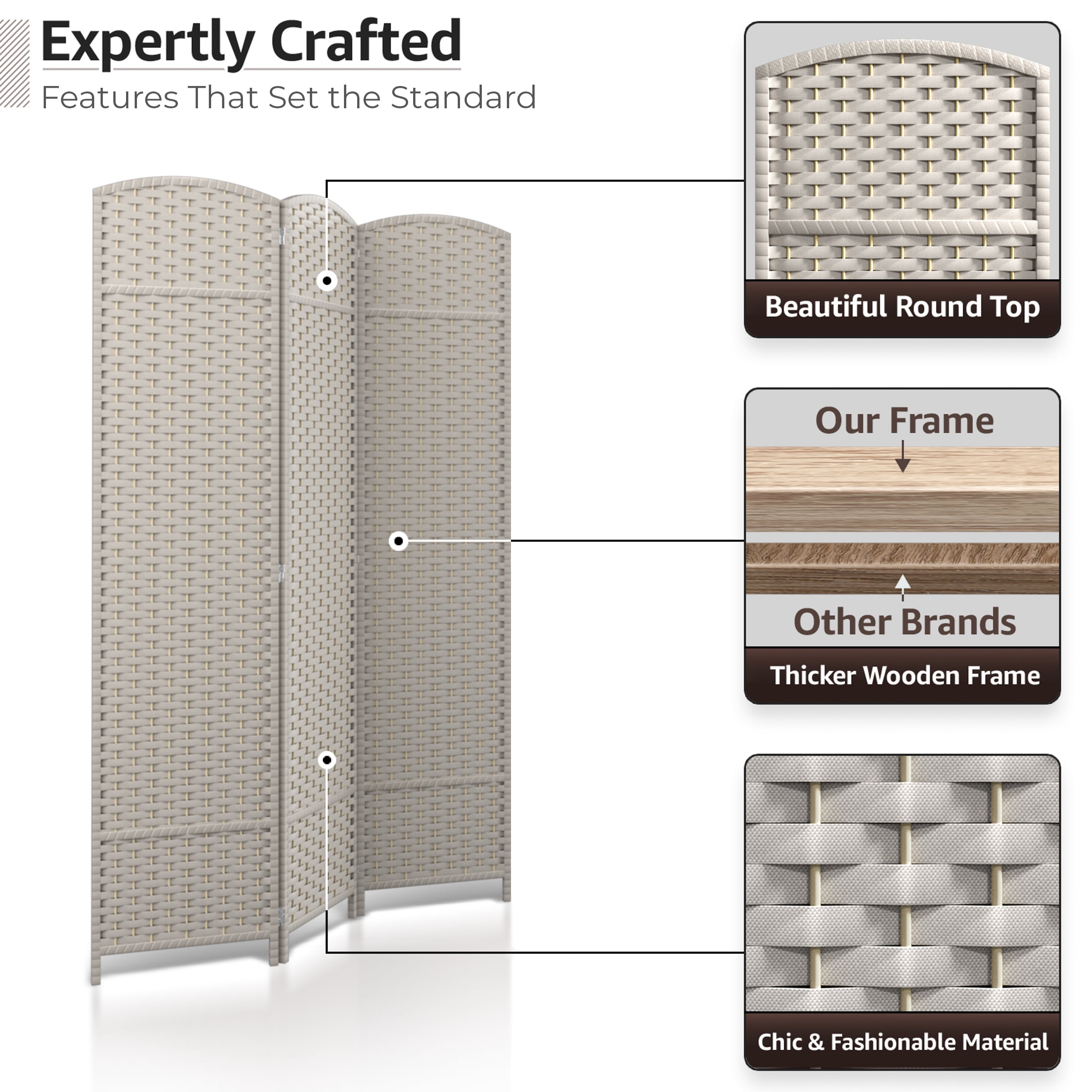 Sorbus 3-Panel Wide Folding Room Divider Privacy Screen, Hand-Woven Beige Mesh