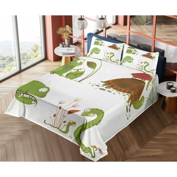 Ambesonne Animal Fitted & Top Sheet Set with Shams, Snake Frog Chameleon Reptile, Green Brown and Red