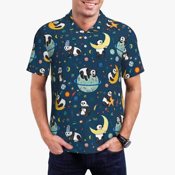Saiise Space Sleeping Panda Print Mens Golf Shirt Moisture Wicking Quick-Dry Print Performance Polo Shirts for Men-X-Large